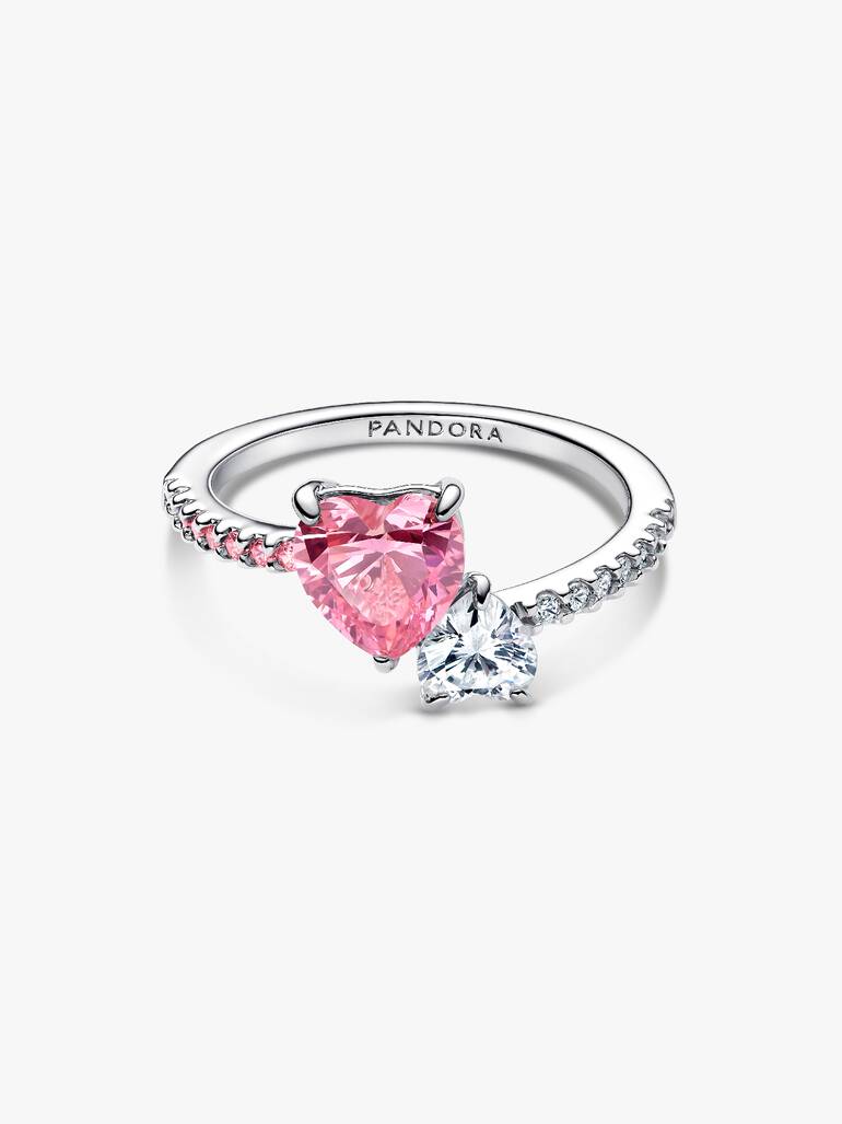Anillo Brillante Doble Corazón Rosa y Transparente