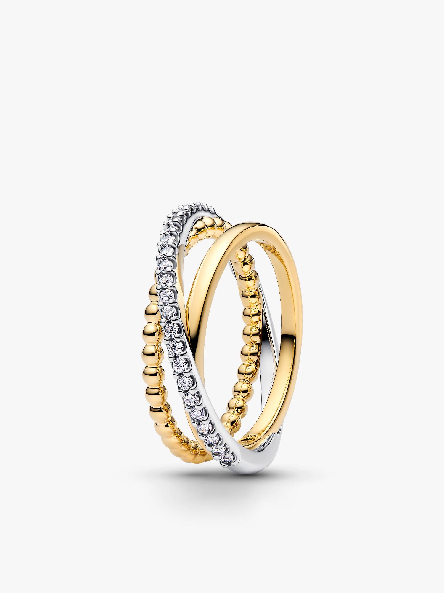 Anillo Banda Triple Cruzada Cuentas y Pavé