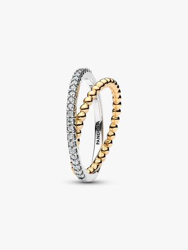 Anillo Banda Doble Cruzada Cuentas y Pavé