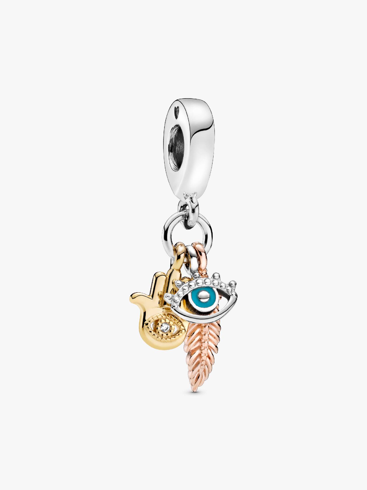 Charm Colgante Espiritualidad Mano de Hamsa, Ojo que Todo lo Ve y Pluma