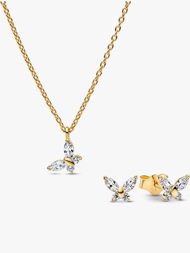 Conjunto para Regalo Collar y Pendientes Mariposas Transparentes Brillantes con Recubrimiento de Oro