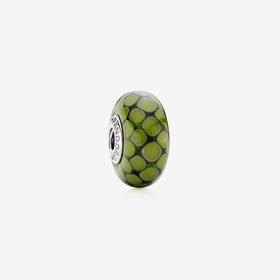 Dotted XL silver charm with green murano glass image number 0