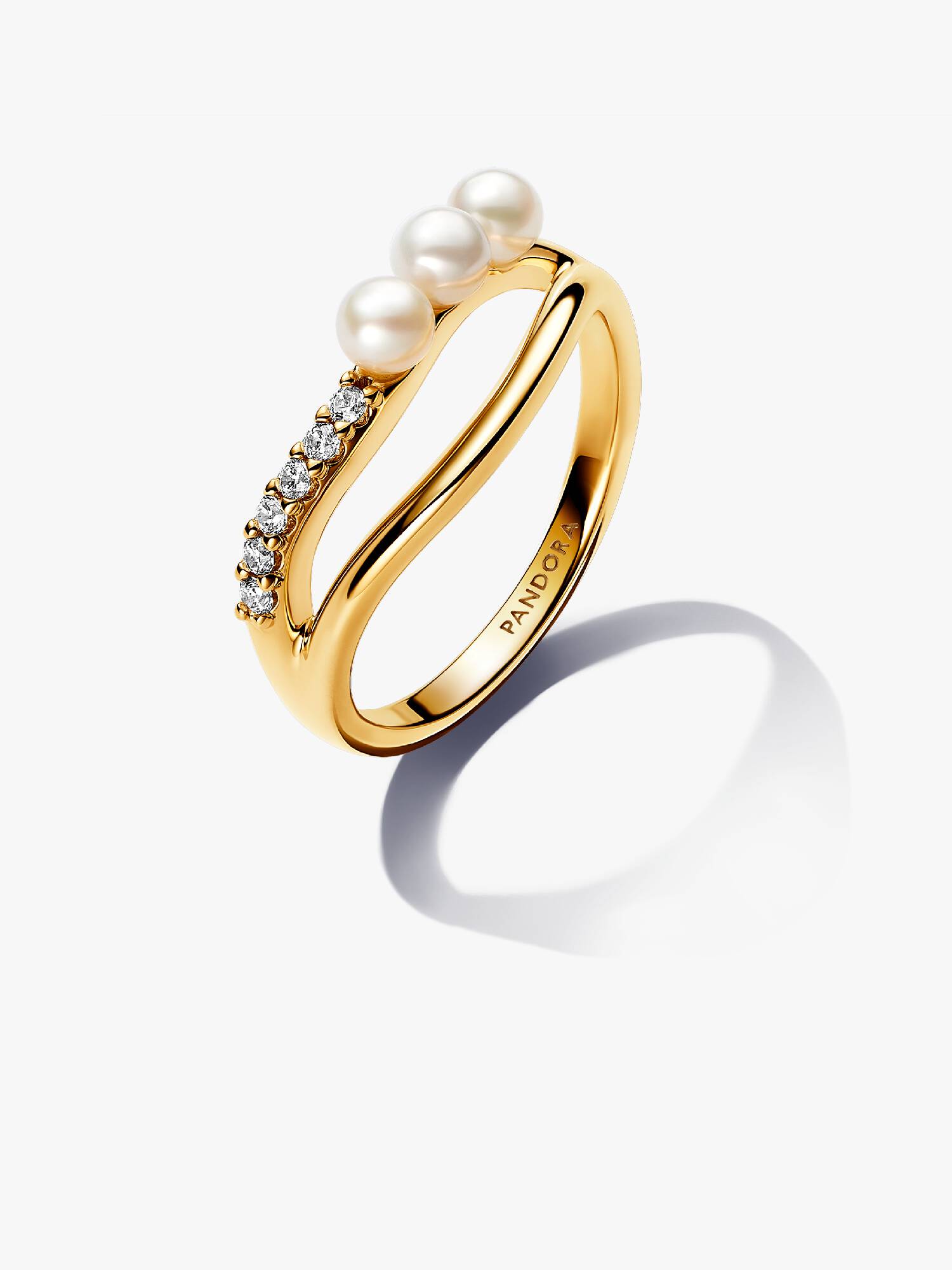 Anillo Perla Cultivada de Agua Dulce y Doble Banda Forma Orgánica