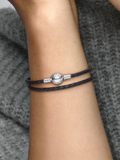 Pulsera Doble de Cuero Negro