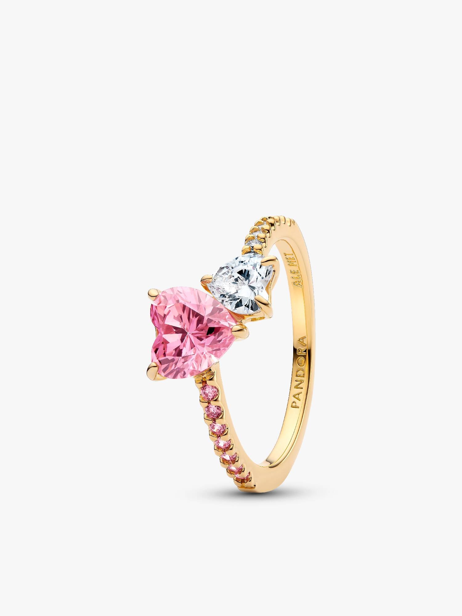 Anillo Brillante Doble Corazón Rosa y Transparente