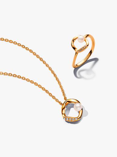 Conjunto de Regalo Collar y Anillo Círculo en Pavé Forma Orgánica y Perla Cultivada de Agua Dulce Tratada