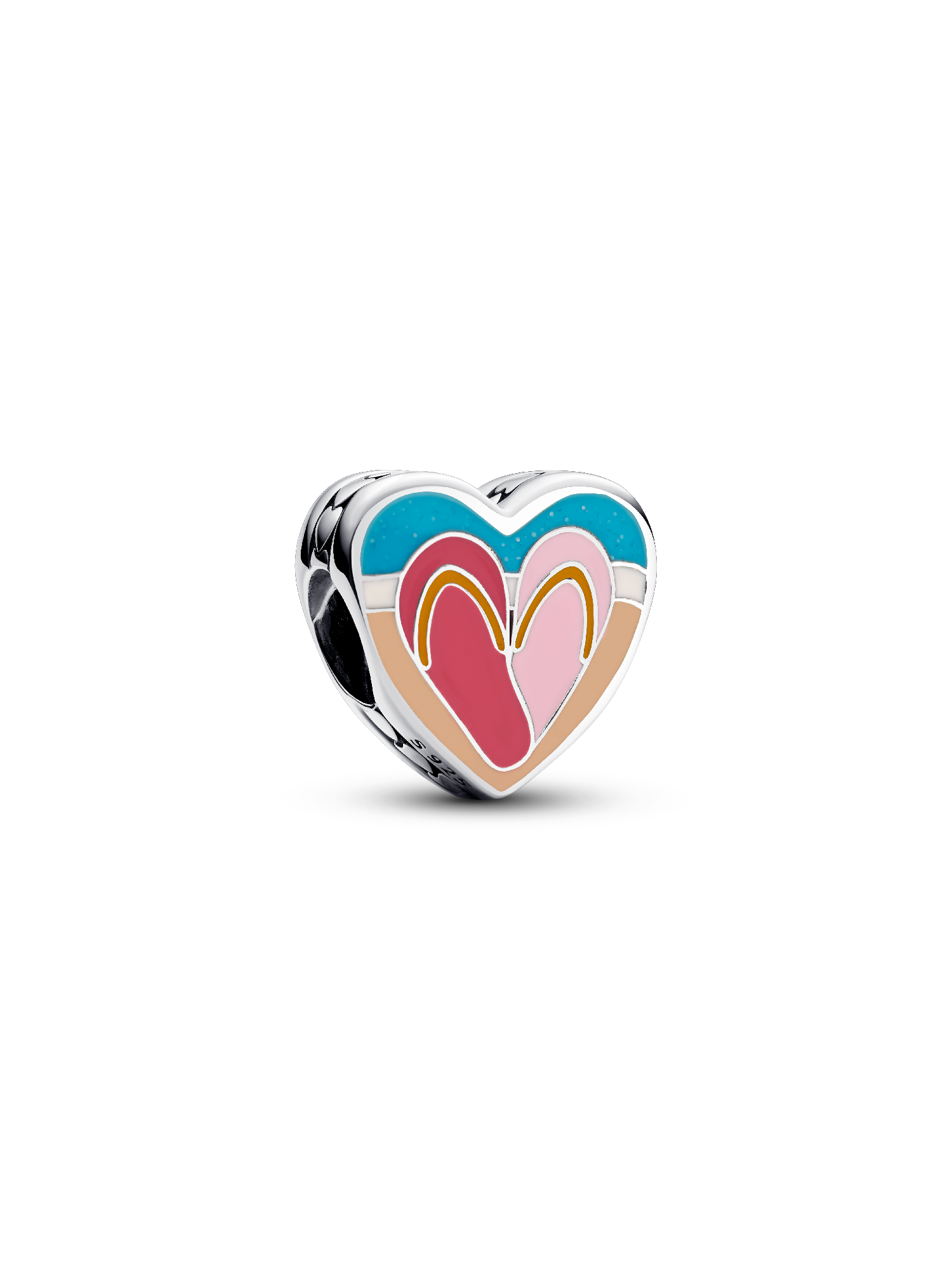 Sea heart sterling silver charm with pink, yellow, white, beige and glittery turquoise enamel