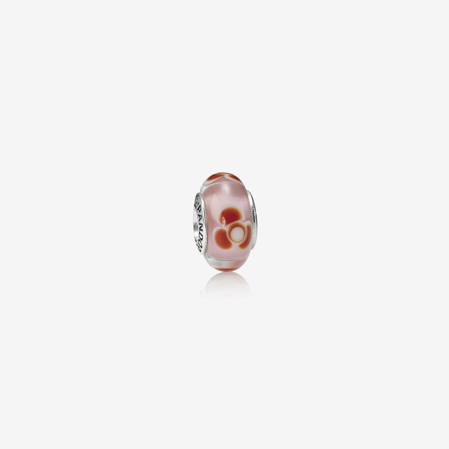 Charm en plata de ley y cristal de Murano Rosa con flores image number 0
