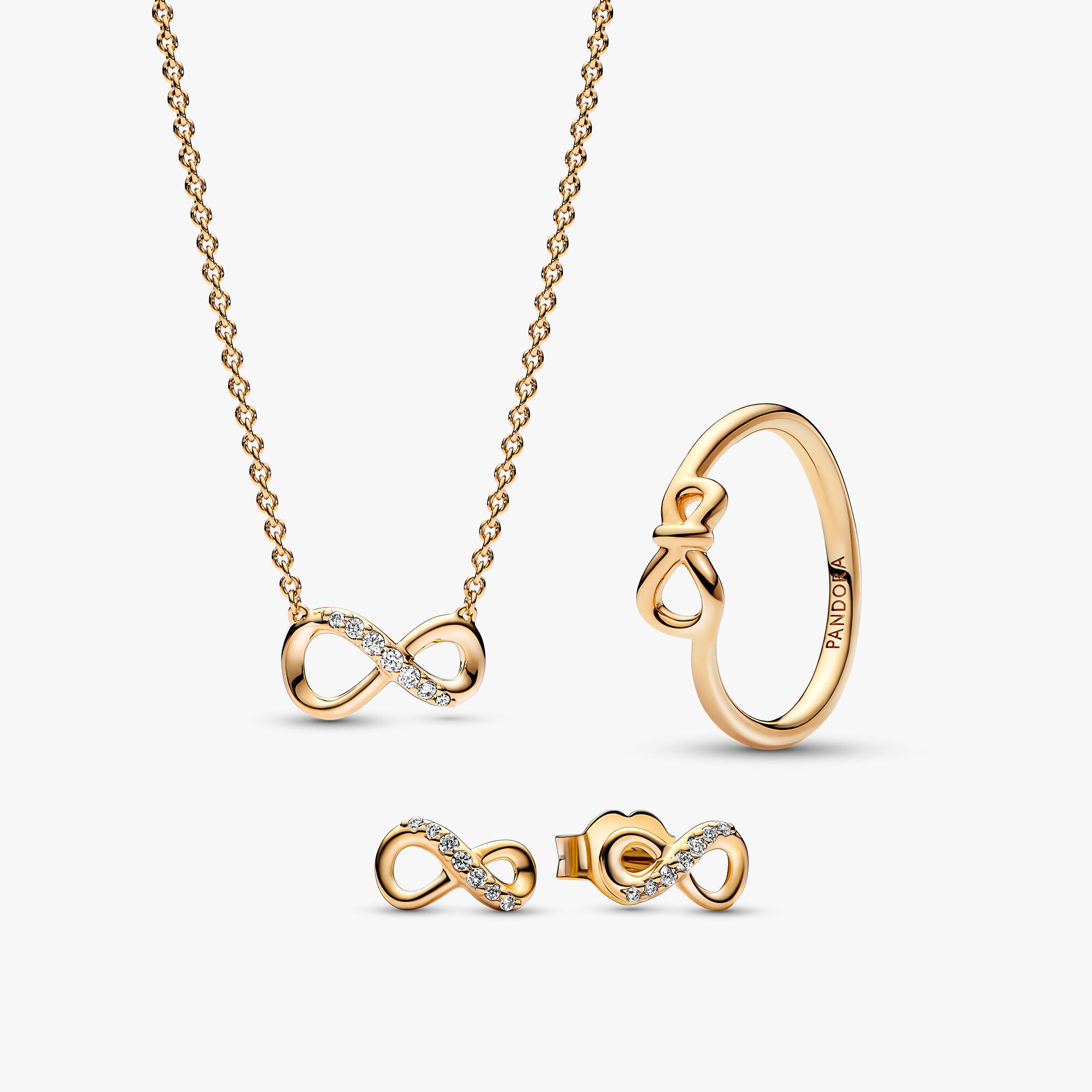 Sparkling Infinity Stud Earrings, Necklace & Ring Set