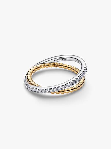 Anillo Banda Doble Cruzada Cuentas y Pavé