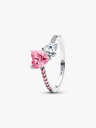 Anillo Brillante Doble Corazón Rosa y Transparente