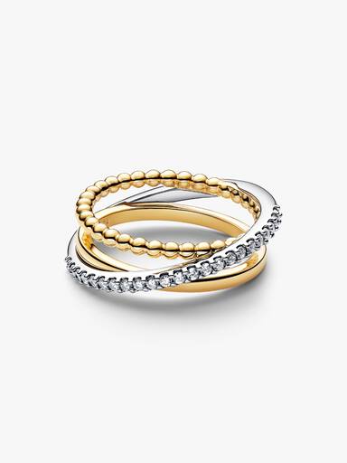 Anillo Banda Triple Cruzada Cuentas y Pavé
