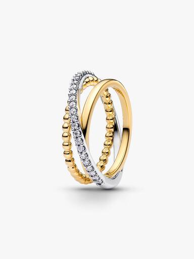 Anillo Banda Triple Cruzada Cuentas y Pavé