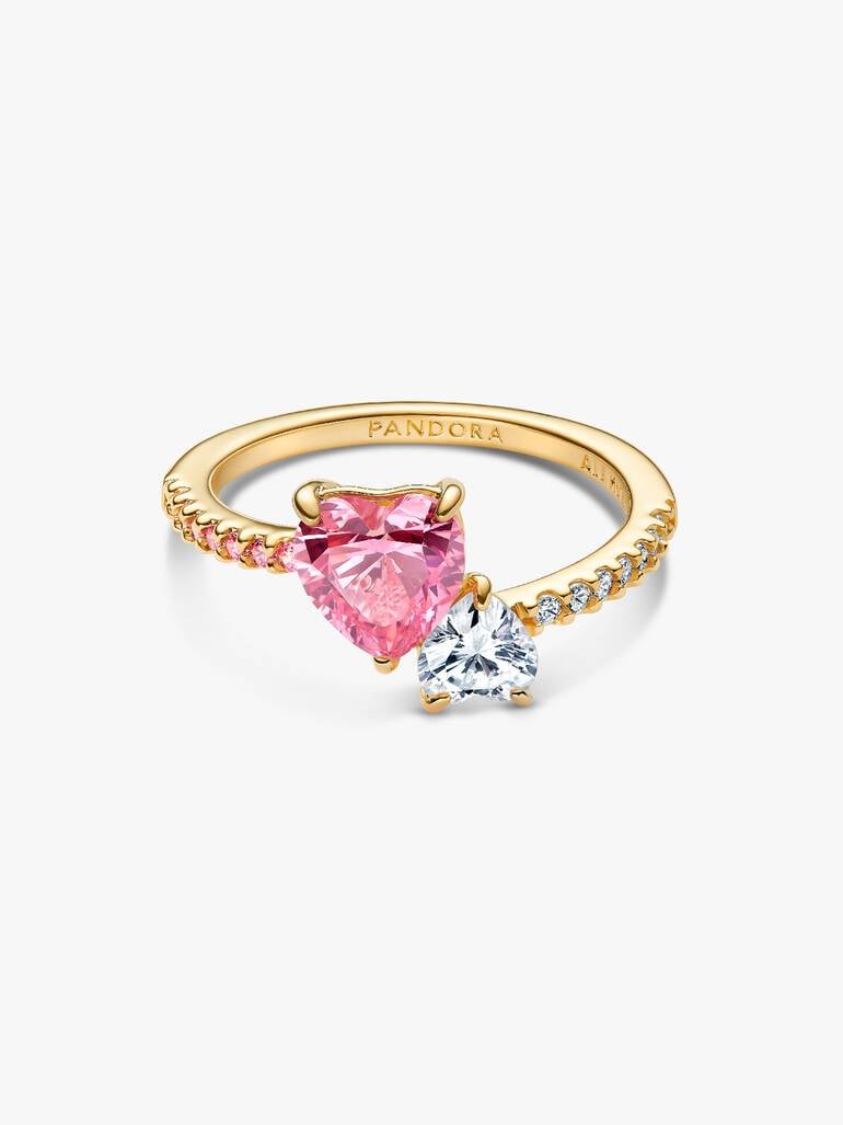 Anillo Brillante Doble Corazón Rosa y Transparente