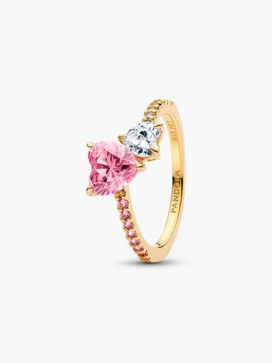 Anillo Brillante Doble Corazón Rosa y Transparente