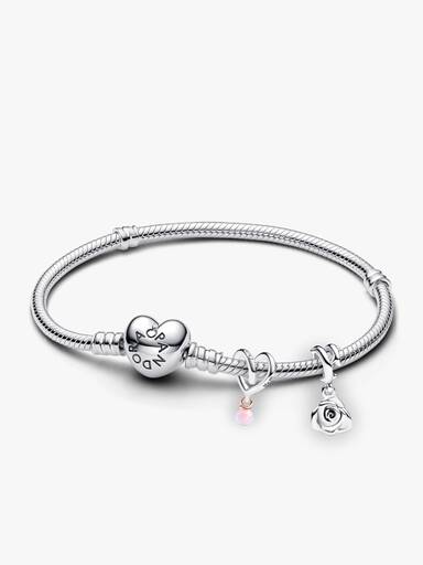 Conjunto de Regalo Pulsera Cierre Corazón y Charms Corazón y Rosa Colgante