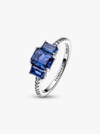 Anillo Brillante Tres Gemas Azules Rectangulares