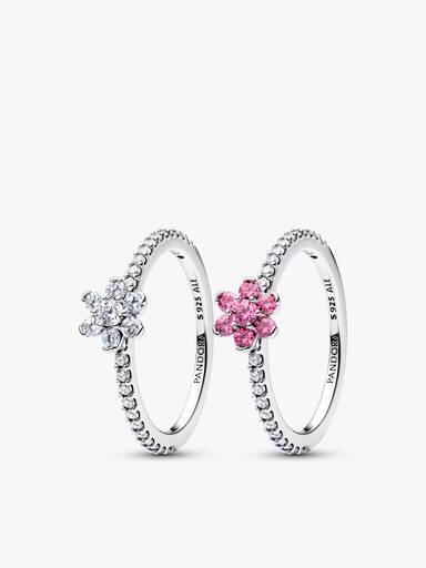 Conjunto de Regalo Anillos Flor Brillante Rosa y Transparente
