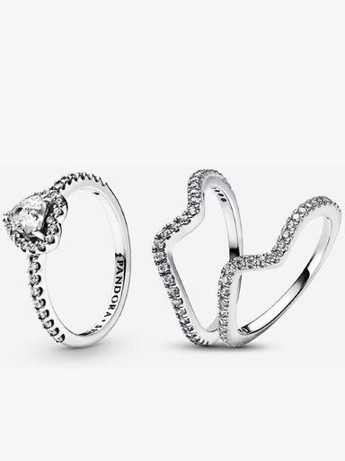 Conjunto de Regalo Anillo Corazón en Relieve y Doble Anillo Ola Brillante